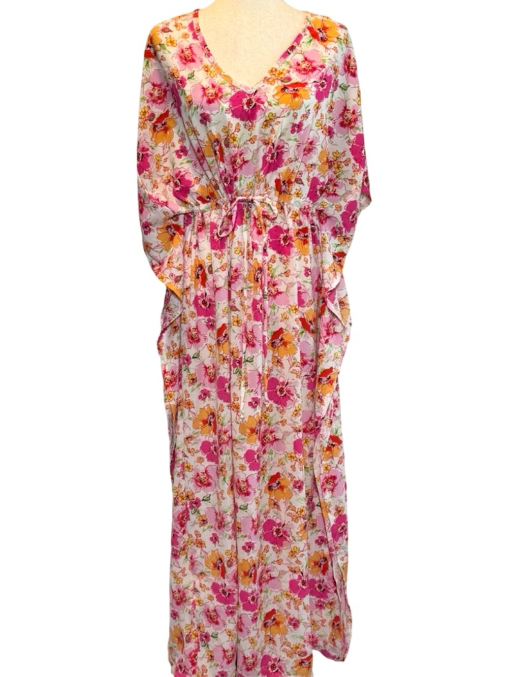 Caftan Floral Pink & Orange with Drawstring Waist SZ M